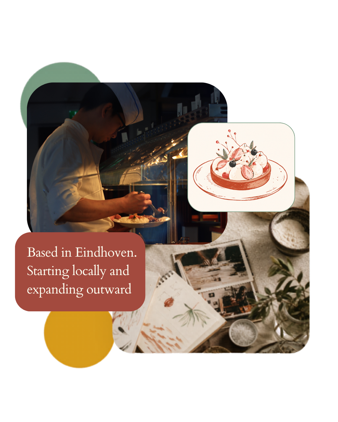 A chef at work surrounded by food photography and illustrated sketchbooks